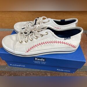 Keds Cream Canvas Sneakers with Red Stitch Accent